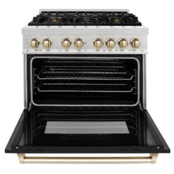ZLINE Autograph Edition 36 In. 4.6 Cu. Ft. Legacy Dual Fuel Range With 6 Burner Gas Cooktop And Electric Convection Oven In Satin Stainless Steel With Black Matte Door And Polished Gold Accents (RASZ-BLM-36-G)(Zline Autograph Edition 36 Legacy Dual Fuel Range Satin Stainless Steel Black Matte Polished Gold Rasz Blm 36 G) 17 ZLINE Autograph Edition 36 In. 4.6 Cu. Ft. Legacy Dual Fuel Range With 6 Burner Gas Cooktop And Electric Convection Oven In Satin Stainless Steel With Black Matte Door And Polished Gold Accents (RASZ-BLM-36-G)(Zline Autograph Edition 36 Legacy Dual Fuel Range Satin Stainless Steel Black Matte Polished Gold Rasz Blm 36 G) -Induction Cooktop Store zline autograph edition professional satin stainless steel black matte dual fuel range RASZ BLM36 G front open