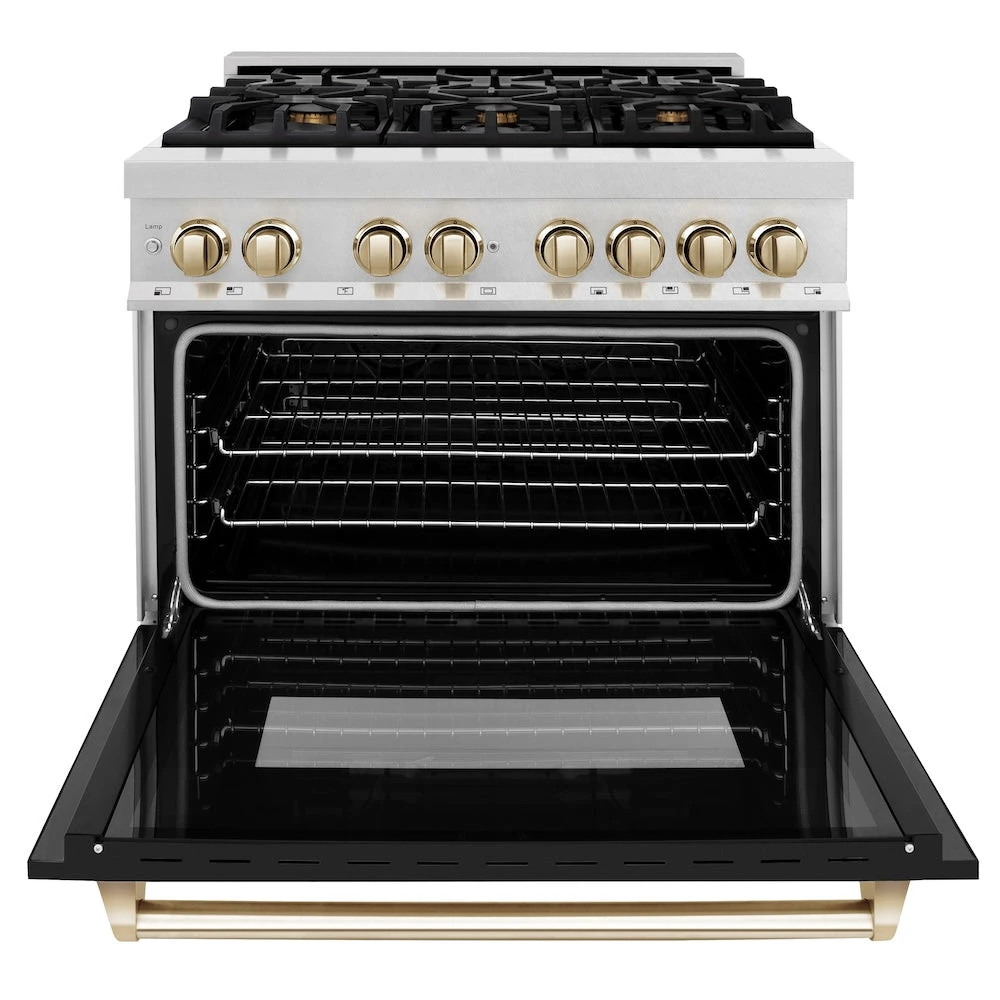 ZLINE Autograph Edition 36 In. 4.6 Cu. Ft. Legacy Dual Fuel Range With 6 Burner Gas Cooktop And Electric Convection Oven In Satin Stainless Steel With Black Matte Door And Polished Gold Accents (RASZ-BLM-36-G)(Zline Autograph Edition 36 Legacy Dual Fuel Range Satin Stainless Steel Black Matte Polished Gold Rasz Blm 36 G) 4 ZLINE Autograph Edition 36 In. 4.6 Cu. Ft. Legacy Dual Fuel Range With 6 Burner Gas Cooktop And Electric Convection Oven In Satin Stainless Steel With Black Matte Door And Polished Gold Accents (RASZ-BLM-36-G)(Zline Autograph Edition 36 Legacy Dual Fuel Range Satin Stainless Steel Black Matte Polished Gold Rasz Blm 36 G) - Image 4