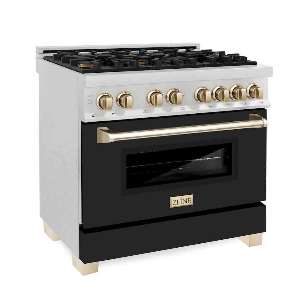 ZLINE Autograph Edition 36 In. 4.6 Cu. Ft. Legacy Dual Fuel Range With 6 Burner Gas Cooktop And Electric Convection Oven In Satin Stainless Steel With Black Matte Door And Polished Gold Accents (RASZ-BLM-36-G)(Zline Autograph Edition 36 Legacy Dual Fuel Range Satin Stainless Steel Black Matte Polished Gold Rasz Blm 36 G) 1 ZLINE Autograph Edition 36 In. 4.6 Cu. Ft. Legacy Dual Fuel Range With 6 Burner Gas Cooktop And Electric Convection Oven In Satin Stainless Steel With Black Matte Door And Polished Gold Accents (RASZ-BLM-36-G)(Zline Autograph Edition 36 Legacy Dual Fuel Range Satin Stainless Steel Black Matte Polished Gold Rasz Blm 36 G)