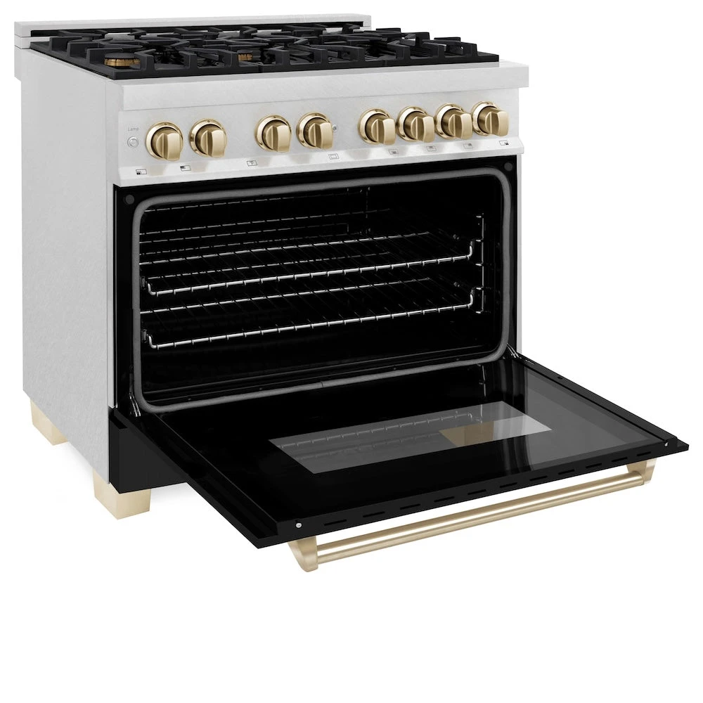 ZLINE Autograph Edition 36 In. 4.6 Cu. Ft. Legacy Dual Fuel Range With 6 Burner Gas Cooktop And Electric Convection Oven In Satin Stainless Steel With Black Matte Door And Polished Gold Accents (RASZ-BLM-36-G)(Zline Autograph Edition 36 Legacy Dual Fuel Range Satin Stainless Steel Black Matte Polished Gold Rasz Blm 36 G) 6 ZLINE Autograph Edition 36 In. 4.6 Cu. Ft. Legacy Dual Fuel Range With 6 Burner Gas Cooktop And Electric Convection Oven In Satin Stainless Steel With Black Matte Door And Polished Gold Accents (RASZ-BLM-36-G)(Zline Autograph Edition 36 Legacy Dual Fuel Range Satin Stainless Steel Black Matte Polished Gold Rasz Blm 36 G) - Image 6