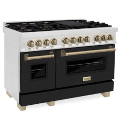 ZLINE Autograph Edition 48 In. 6.0 Cu. Ft. Legacy Dual Fuel Range With 7 Burner Gas Cooktop And 2 Electric Ovens In Satin Stainless Steel With Black Matte Doors And Champagne Bronze Accents (RASZ-BLM-48-CB)(Zline Autograph Edition 48 Legacy Dual Fuel Range Satin Stainless Steel Black Matte Champagne Bronze Rasz Blm 48 Cb)