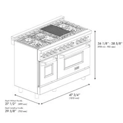 ZLINE Autograph Edition 48 In. 6.0 Cu. Ft. Legacy Dual Fuel Range With 7 Burner Gas Cooktop And 2 Electric Ovens In Satin Stainless Steel With Black Matte Doors And Polished Gold Accents (RASZ-BLM-48-G)(Zline Autograph Edition 48 Legacy Dual Fuel Range Satin Stainless Steel Black Matte Polished Gold Rasz Blm 48 G) -Induction Cooktop Store zline autograph edition professional satin stainless steel black matte dual fuel range RASZ BLM48 G Dimensional Diagram