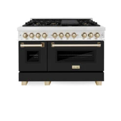 ZLINE Autograph Edition 48 In. 6.0 Cu. Ft. Legacy Dual Fuel Range With 7 Burner Gas Cooktop And 2 Electric Ovens In Satin Stainless Steel With Black Matte Doors And Polished Gold Accents (RASZ-BLM-48-G)(Zline Autograph Edition 48 Legacy Dual Fuel Range Satin Stainless Steel Black Matte Polished Gold Rasz Blm 48 G) -Induction Cooktop Store zline autograph edition professional satin stainless steel black matte dual fuel range RASZ BLM48 G front