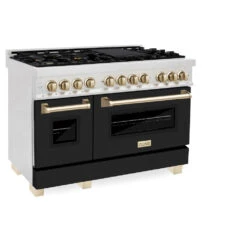 ZLINE Autograph Edition 48 In. 6.0 Cu. Ft. Legacy Dual Fuel Range With 7 Burner Gas Cooktop And 2 Electric Ovens In Satin Stainless Steel With Black Matte Doors And Polished Gold Accents (RASZ-BLM-48-G)(Zline Autograph Edition 48 Legacy Dual Fuel Range Satin Stainless Steel Black Matte Polished Gold Rasz Blm 48 G) -Induction Cooktop Store zline autograph edition professional satin stainless steel black matte dual fuel range RASZ BLM48 G main