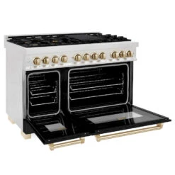 ZLINE Autograph Edition 48 In. 6.0 Cu. Ft. Legacy Dual Fuel Range With 7 Burner Gas Cooktop And 2 Electric Ovens In Satin Stainless Steel With Black Matte Doors And Polished Gold Accents (RASZ-BLM-48-G)(Zline Autograph Edition 48 Legacy Dual Fuel Range Satin Stainless Steel Black Matte Polished Gold Rasz Blm 48 G) -Induction Cooktop Store zline autograph edition professional satin stainless steel black matte dual fuel range RASZ BLM48 G side open