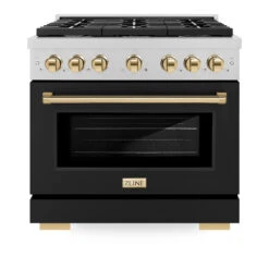 ZLINE Autograph Edition 36 In. 5.2 Cu. Ft. Paramount Dual Fuel Range With 6 Burner Gas Cooktop And Electric Convection Oven In Satin Stainless Steel With Black Matte Door And Polished Gold Accents (SDRSZ-BLM-36-G)(Zline Autograph Edition 36 Paramount Dual Fuel Range Satin Stainless Steel Black Matte Polished Gold Sdrsz Blm 36 G) -Induction Cooktop Store zline autograph edition professional satin stainless steel black matte gas range SDRSZ BLM 36 G front