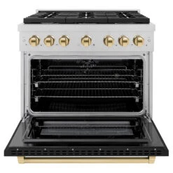 ZLINE Autograph Edition 36 In. 5.2 Cu. Ft. Paramount Dual Fuel Range With 6 Burner Gas Cooktop And Electric Convection Oven In Satin Stainless Steel With Black Matte Door And Polished Gold Accents (SDRSZ-BLM-36-G)(Zline Autograph Edition 36 Paramount Dual Fuel Range Satin Stainless Steel Black Matte Polished Gold Sdrsz Blm 36 G) -Induction Cooktop Store zline autograph edition professional satin stainless steel black matte gas range SDRSZ BLM 36 G front open