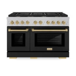 ZLINE Autograph Edition 48 In. 6.7 Cu. Ft. Paramount Double Oven Dual Fuel Range With 8 Burner Gas Cooktop In Satin Stainless Steel With Black Matte Doors And Champagne Bronze Accents (SDRSZ-BLM-48-CB)(Zline Autograph Edition 48 Paramount Dual Fuel Range Satin Stainless Steel Black Matte Champagne Bronze Sdrsz Blm 48 Cb) -Induction Cooktop Store zline autograph edition professional satin stainless steel black matte gas range SDRSZ BLM 48 CB front