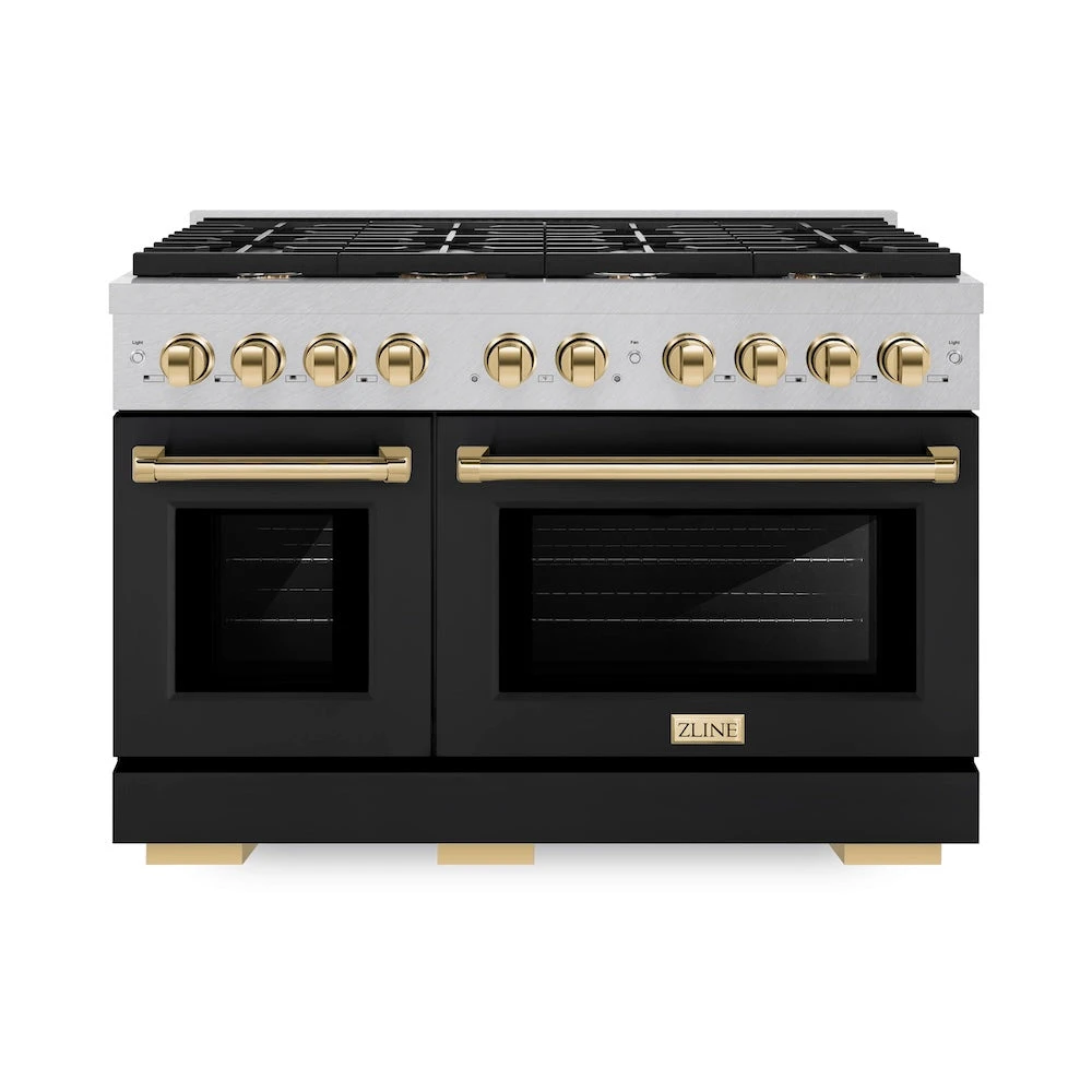 ZLINE Autograph Edition 48 In. 6.7 Cu. Ft. Paramount Double Oven Dual Fuel Range With 8 Burner Gas Cooktop In Satin Stainless Steel With Black Matte Doors And Polished Gold Accents (SDRSZ-BLM-48-G)(Zline Autograph Edition 48 Paramount Dual Fuel Range Satin Stainless Steel Black Matte Polished Gold Sdrsz Blm 48 G) 2 ZLINE Autograph Edition 48 In. 6.7 Cu. Ft. Paramount Double Oven Dual Fuel Range With 8 Burner Gas Cooktop In Satin Stainless Steel With Black Matte Doors And Polished Gold Accents (SDRSZ-BLM-48-G)(Zline Autograph Edition 48 Paramount Dual Fuel Range Satin Stainless Steel Black Matte Polished Gold Sdrsz Blm 48 G) - Image 2