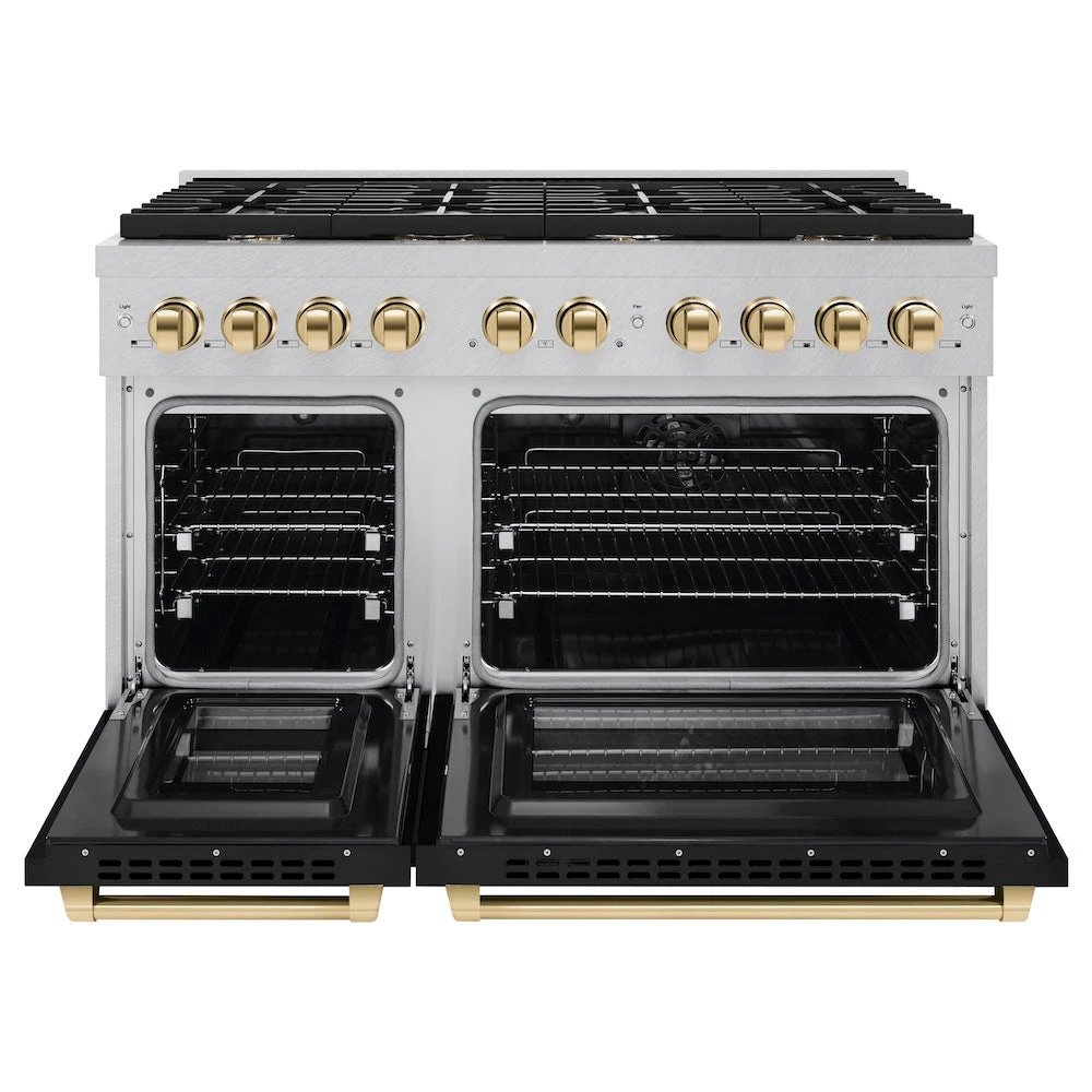 ZLINE Autograph Edition 48 In. 6.7 Cu. Ft. Paramount Double Oven Dual Fuel Range With 8 Burner Gas Cooktop In Satin Stainless Steel With Black Matte Doors And Polished Gold Accents (SDRSZ-BLM-48-G)(Zline Autograph Edition 48 Paramount Dual Fuel Range Satin Stainless Steel Black Matte Polished Gold Sdrsz Blm 48 G) 4 ZLINE Autograph Edition 48 In. 6.7 Cu. Ft. Paramount Double Oven Dual Fuel Range With 8 Burner Gas Cooktop In Satin Stainless Steel With Black Matte Doors And Polished Gold Accents (SDRSZ-BLM-48-G)(Zline Autograph Edition 48 Paramount Dual Fuel Range Satin Stainless Steel Black Matte Polished Gold Sdrsz Blm 48 G) - Image 4