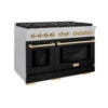 ZLINE Autograph Edition 48 In. 6.7 Cu. Ft. Paramount Double Oven Dual Fuel Range With 8 Burner Gas Cooktop In Satin Stainless Steel With Black Matte Doors And Polished Gold Accents (SDRSZ-BLM-48-G)(Zline Autograph Edition 48 Paramount Dual Fuel Range Satin Stainless Steel Black Matte Polished Gold Sdrsz Blm 48 G)