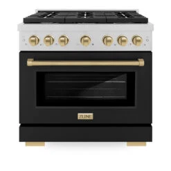 ZLINE Autograph Edition 36 In. 5.2 Cu. Ft. Paramount Gas Range With 6 Burner Cooktop And Convection Gas Oven In Satin Stainless Steel With Black Matte Door And Champagne Bronze Accents (SGRSZ-BLM-36-CB)(Zline Autograph Edition 36 Paramount Gas Range Satin Stainless Steel Black Matte Champagne Bronze Sgrsz Blm 36 Cb) -Induction Cooktop Store zline autograph edition professional satin stainless steel black matte gas range SGRSZ BLM 36 CB front