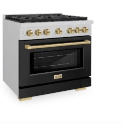 ZLINE Autograph Edition 36 In. 5.2 Cu. Ft. Paramount Gas Range With 6 Burner Cooktop And Convection Gas Oven In Satin Stainless Steel With Black Matte Door And Champagne Bronze Accents (SGRSZ-BLM-36-CB)(Zline Autograph Edition 36 Paramount Gas Range Satin Stainless Steel Black Matte Champagne Bronze Sgrsz Blm 36 Cb) -Induction Cooktop Store zline autograph edition professional satin stainless steel black matte gas range SGRSZ BLM 36 CB main