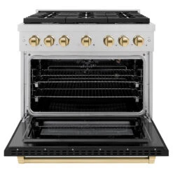 ZLINE Autograph Edition 36 In. 5.2 Cu. Ft. Paramount Gas Range With 6 Burner Cooktop And Convection Gas Oven In Satin Stainless Steel With Black Matte Door And Polished Gold Accents (SGRSZ-BLM-36-G)(Zline Autograph Edition 36 Paramount Gas Range Satin Stainless Steel Black Matte Polished Gold Sgrsz Blm 36 G) -Induction Cooktop Store zline autograph edition professional satin stainless steel black matte gas range SGRSZ BLM 36 G front open