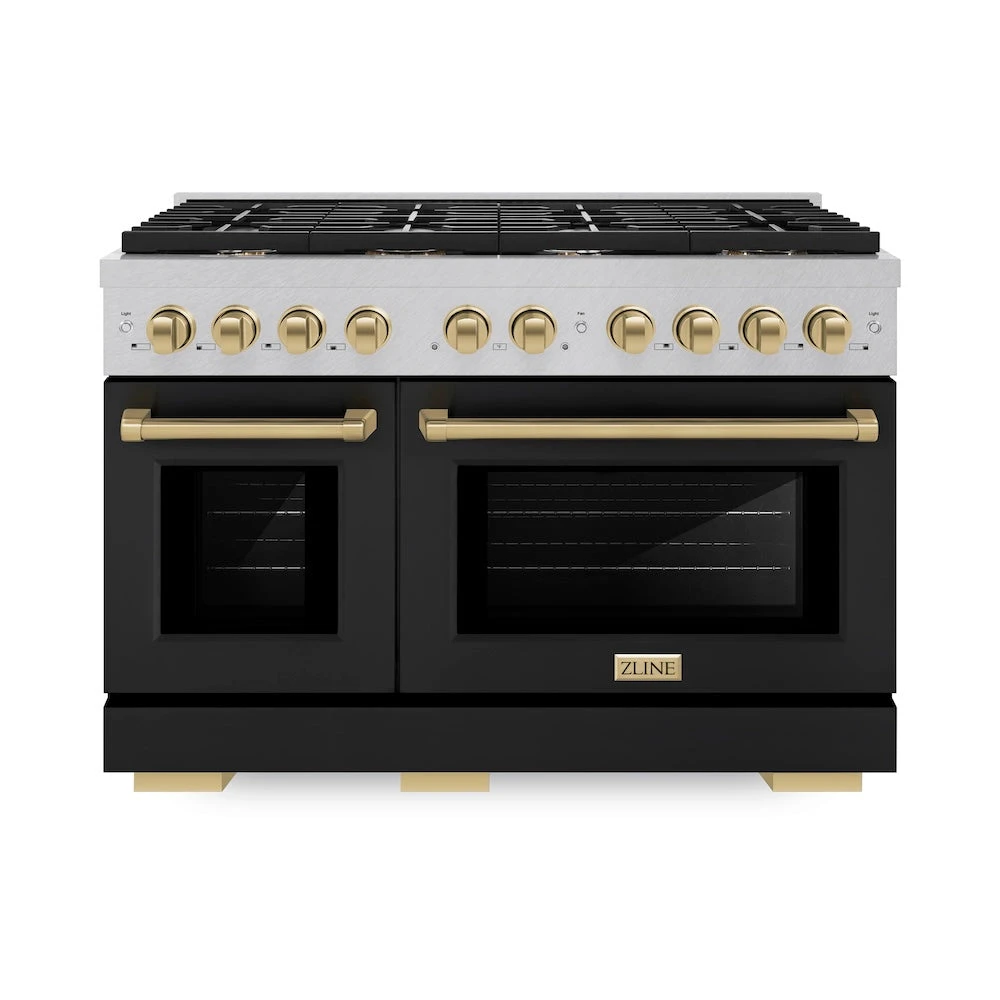 ZLINE Autograph Edition 48 In. 6.7 Cu. Ft. Paramount Double Oven Gas Range With 8 Burner Cooktop In Satin Stainless Steel With Black Matte Doors And Champagne Bronze Accents (SGRSZ-BLM-48-CB)(Zline Autograph Edition 48 Paramount Gas Range Satin Stainless Steel Black Matte Champagne Bronze Sgrsz Blm 48 Cb) 2 ZLINE Autograph Edition 48 In. 6.7 Cu. Ft. Paramount Double Oven Gas Range With 8 Burner Cooktop In Satin Stainless Steel With Black Matte Doors And Champagne Bronze Accents (SGRSZ-BLM-48-CB)(Zline Autograph Edition 48 Paramount Gas Range Satin Stainless Steel Black Matte Champagne Bronze Sgrsz Blm 48 Cb) - Image 2