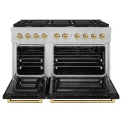 ZLINE Autograph Edition 48 In. 6.7 Cu. Ft. Paramount Double Oven Gas Range With 8 Burner Cooktop In Satin Stainless Steel With Black Matte Doors And Champagne Bronze Accents (SGRSZ-BLM-48-CB)(Zline Autograph Edition 48 Paramount Gas Range Satin Stainless Steel Black Matte Champagne Bronze Sgrsz Blm 48 Cb) 15 ZLINE Autograph Edition 48 In. 6.7 Cu. Ft. Paramount Double Oven Gas Range With 8 Burner Cooktop In Satin Stainless Steel With Black Matte Doors And Champagne Bronze Accents (SGRSZ-BLM-48-CB)(Zline Autograph Edition 48 Paramount Gas Range Satin Stainless Steel Black Matte Champagne Bronze Sgrsz Blm 48 Cb) -Induction Cooktop Store zline autograph edition professional satin stainless steel black matte gas range SGRSZ BLM 48 CB front open