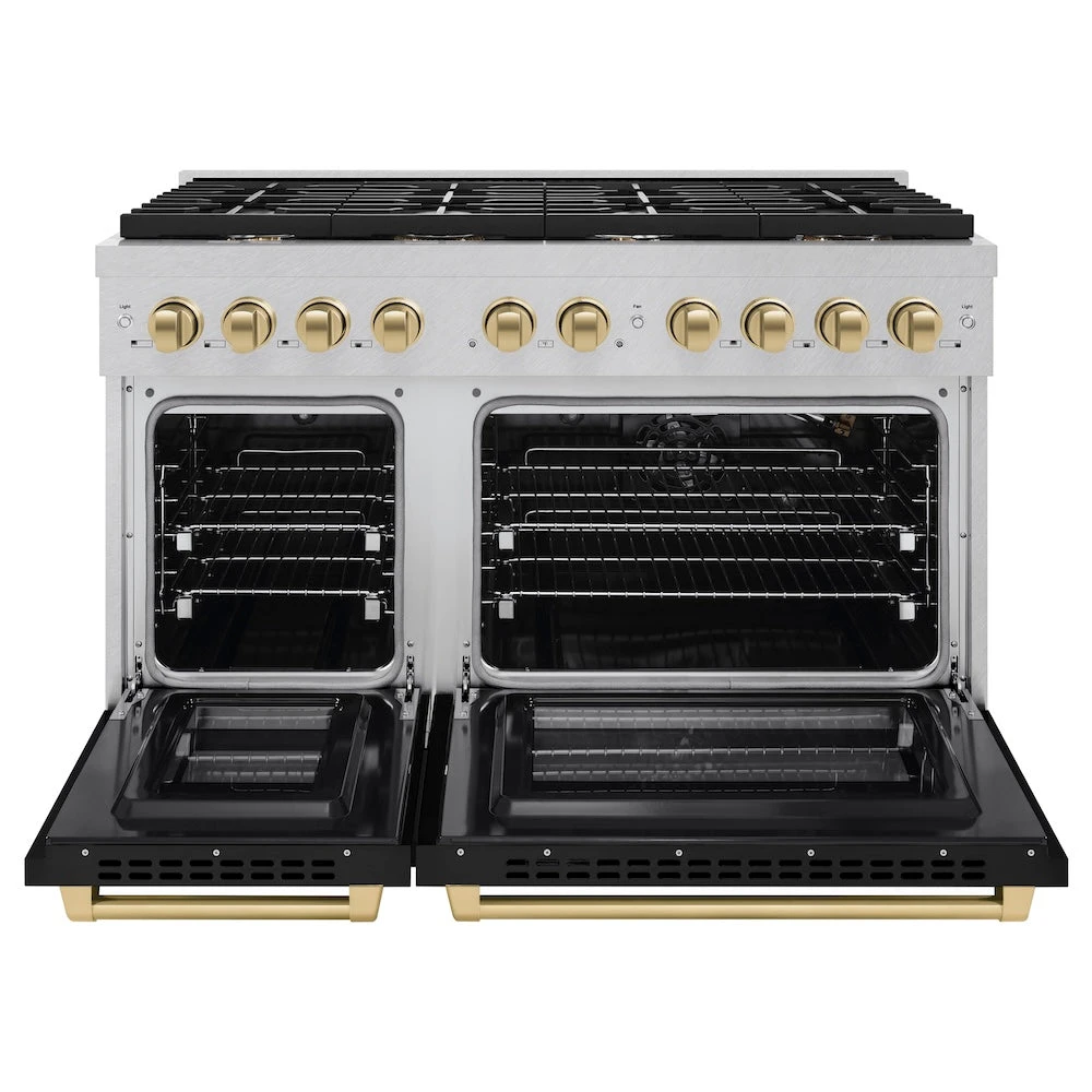 ZLINE Autograph Edition 48 In. 6.7 Cu. Ft. Paramount Double Oven Gas Range With 8 Burner Cooktop In Satin Stainless Steel With Black Matte Doors And Champagne Bronze Accents (SGRSZ-BLM-48-CB)(Zline Autograph Edition 48 Paramount Gas Range Satin Stainless Steel Black Matte Champagne Bronze Sgrsz Blm 48 Cb) 3 ZLINE Autograph Edition 48 In. 6.7 Cu. Ft. Paramount Double Oven Gas Range With 8 Burner Cooktop In Satin Stainless Steel With Black Matte Doors And Champagne Bronze Accents (SGRSZ-BLM-48-CB)(Zline Autograph Edition 48 Paramount Gas Range Satin Stainless Steel Black Matte Champagne Bronze Sgrsz Blm 48 Cb) - Image 3