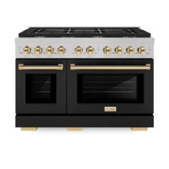 ZLINE Autograph Edition 48 In. 6.7 Cu. Ft. Paramount Double Oven Gas Range With 8 Burner Cooktop In Satin Stainless Steel With Black Matte Doors And Polished Gold Accents (SGRSZ-BLM-48-G)(Zline Autograph Edition 48 Paramount Gas Range Satin Stainless Steel Black Matte Polished Gold Sgrsz Blm 48 G) 16 ZLINE Autograph Edition 48 In. 6.7 Cu. Ft. Paramount Double Oven Gas Range With 8 Burner Cooktop In Satin Stainless Steel With Black Matte Doors And Polished Gold Accents (SGRSZ-BLM-48-G)(Zline Autograph Edition 48 Paramount Gas Range Satin Stainless Steel Black Matte Polished Gold Sgrsz Blm 48 G) -Induction Cooktop Store zline autograph edition professional satin stainless steel black matte gas range SGRSZ BLM 48 G front