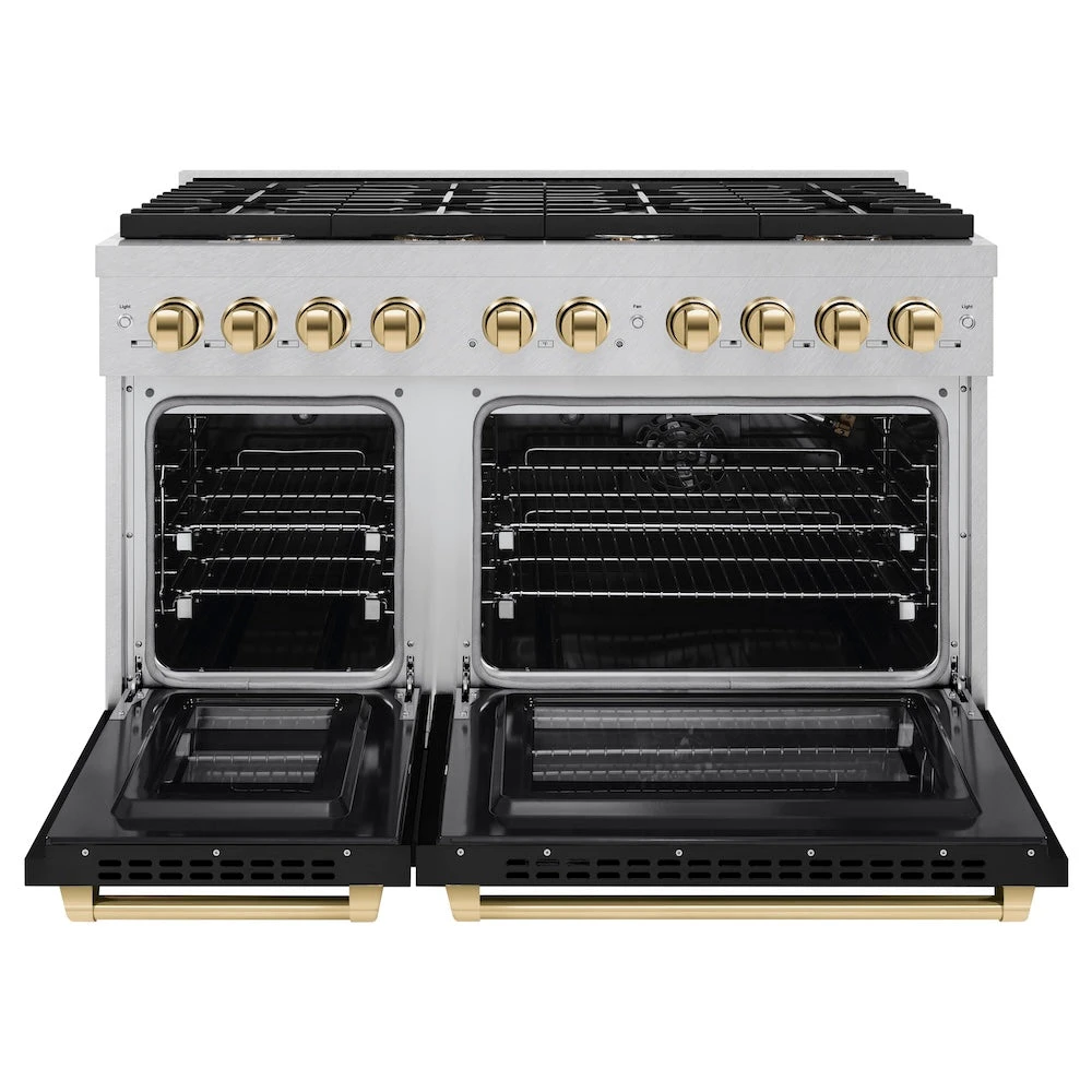 ZLINE Autograph Edition 48 In. 6.7 Cu. Ft. Paramount Double Oven Gas Range With 8 Burner Cooktop In Satin Stainless Steel With Black Matte Doors And Polished Gold Accents (SGRSZ-BLM-48-G)(Zline Autograph Edition 48 Paramount Gas Range Satin Stainless Steel Black Matte Polished Gold Sgrsz Blm 48 G) 3 ZLINE Autograph Edition 48 In. 6.7 Cu. Ft. Paramount Double Oven Gas Range With 8 Burner Cooktop In Satin Stainless Steel With Black Matte Doors And Polished Gold Accents (SGRSZ-BLM-48-G)(Zline Autograph Edition 48 Paramount Gas Range Satin Stainless Steel Black Matte Polished Gold Sgrsz Blm 48 G) - Image 3
