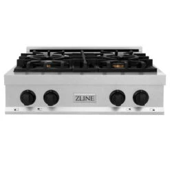 ZLINE Autograph Edition 30 In. Legacy Gas Rangetop With 4 Burners And Porcelain Cooktop In Satin Stainless Steel With Matte Black Accents (RTSZ-30-MB)(Zline Autograph Edition 30 Legacy Gas Rangetop Satin Stainless Steel Matte Black Rtsz 30 Mb) -Induction Cooktop Store zline autograph edition professional satin stainless steel gas rangetop RTSZ 30 MB front