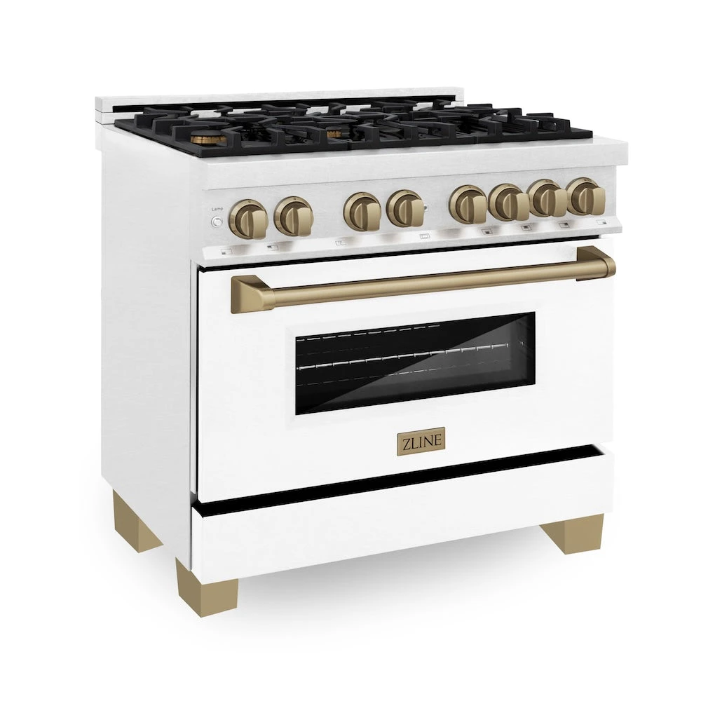 ZLINE Autograph Edition 36 In. 4.6 Cu. Ft. Legacy Dual Fuel Range With 6 Burner Gas Cooktop And Electric Convection Oven In Satin Stainless Steel With White Matte Door And Champagne Bronze Accents (RASZ-WM-36-CB)(Zline Autograph Edition 36 Legacy Dual Fuel Range Satin Stainless Steel White Matte Rasz Wm 36 Cb) 1 ZLINE Autograph Edition 36 In. 4.6 Cu. Ft. Legacy Dual Fuel Range With 6 Burner Gas Cooktop And Electric Convection Oven In Satin Stainless Steel With White Matte Door And Champagne Bronze Accents (RASZ-WM-36-CB)(Zline Autograph Edition 36 Legacy Dual Fuel Range Satin Stainless Steel White Matte Rasz Wm 36 Cb)