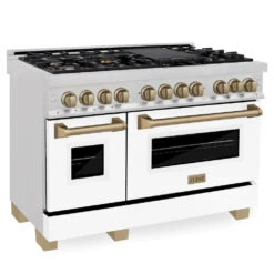 ZLINE Autograph Edition 48 In. 6.0 Cu. Ft. Legacy Dual Fuel Range With 7 Burner Gas Cooktop And 2 Electric Ovens In Satin Stainless Steel With White Matte Doors And Champagne Bronze Accents (RASZ-WM-48-CB)(Zline Autograph Edition 48 Legacy Dual Fuel Range Satin Stainless Steel White Matte Champagne Bronze Rasz Wm 48 Cb)