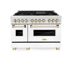 ZLINE Autograph Edition 48 In. 6.0 Cu. Ft. Legacy Dual Fuel Range With 7 Burner Gas Cooktop And 2 Electric Ovens In Satin Stainless Steel With White Matte Doors And Polished Gold Accents (RASZ-WM-48-G)(Zline Autograph Edition 48 Legacy Dual Fuel Range Satin Stainless Steel White Matte Gold Rasz Wm 48 G) -Induction Cooktop Store zline autograph edition professional satin stainless steel white matte dual fuel range RASZ WM 48 G front