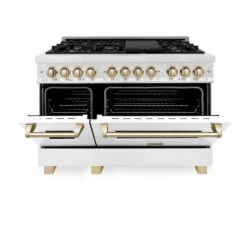 ZLINE Autograph Edition 48 In. 6.0 Cu. Ft. Legacy Dual Fuel Range With 7 Burner Gas Cooktop And 2 Electric Ovens In Satin Stainless Steel With White Matte Doors And Polished Gold Accents (RASZ-WM-48-G)(Zline Autograph Edition 48 Legacy Dual Fuel Range Satin Stainless Steel White Matte Gold Rasz Wm 48 G) -Induction Cooktop Store zline autograph edition professional satin stainless steel white matte dual fuel range RASZ WM 48 G front half open