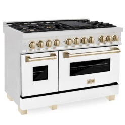 ZLINE Autograph Edition 48 In. 6.0 Cu. Ft. Legacy Dual Fuel Range With 7 Burner Gas Cooktop And 2 Electric Ovens In Satin Stainless Steel With White Matte Doors And Polished Gold Accents (RASZ-WM-48-G)(Zline Autograph Edition 48 Legacy Dual Fuel Range Satin Stainless Steel White Matte Gold Rasz Wm 48 G) -Induction Cooktop Store zline autograph edition professional satin stainless steel white matte dual fuel range RASZ WM 48 G hero