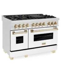 ZLINE Autograph Edition 48 In. 6.0 Cu. Ft. Legacy Dual Fuel Range With 7 Burner Gas Cooktop And 2 Electric Ovens In Satin Stainless Steel With White Matte Doors And Polished Gold Accents (RASZ-WM-48-G)(Zline Autograph Edition 48 Legacy Dual Fuel Range Satin Stainless Steel White Matte Gold Rasz Wm 48 G)