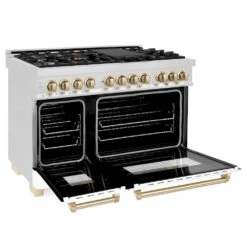 ZLINE Autograph Edition 48 In. 6.0 Cu. Ft. Legacy Dual Fuel Range With 7 Burner Gas Cooktop And 2 Electric Ovens In Satin Stainless Steel With White Matte Doors And Polished Gold Accents (RASZ-WM-48-G)(Zline Autograph Edition 48 Legacy Dual Fuel Range Satin Stainless Steel White Matte Gold Rasz Wm 48 G) -Induction Cooktop Store zline autograph edition professional satin stainless steel white matte dual fuel range RASZ WM 48 G side open
