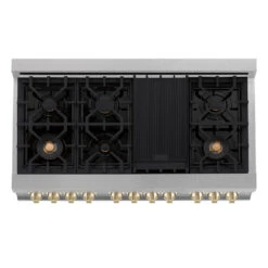 ZLINE Autograph Edition 48 In. 6.0 Cu. Ft. Legacy Dual Fuel Range With 7 Burner Gas Cooktop And 2 Electric Ovens In Satin Stainless Steel With White Matte Doors And Polished Gold Accents (RASZ-WM-48-G)(Zline Autograph Edition 48 Legacy Dual Fuel Range Satin Stainless Steel White Matte Gold Rasz Wm 48 G) -Induction Cooktop Store zline autograph edition professional satin stainless steel white matte dual fuel range RASZ WM 48 G top down