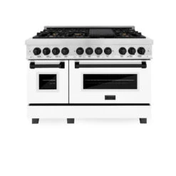 ZLINE Autograph Edition 48 In. 6.0 Cu. Ft. Legacy Dual Fuel Range With 7 Burner Gas Cooktop And 2 Electric Ovens In Satin Stainless Steel With White Matte Doors And Matte Black Accents (RASZ-WM-48-MB)(Zline Autograph Edition 48 Legacy Dual Fuel Range Satin Stainless Steel White Matte Matte Black Rasz Wm 48 Mb) -Induction Cooktop Store zline autograph edition professional satin stainless steel white matte dual fuel range RASZ WM 48 MB front