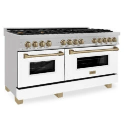 ZLINE Autograph Edition 60 In. 7.4 Cu. Ft. Legacy Dual Fuel Range With 9 Burner Gas Cooktop And 2 Electric Convection Ovens In Satin Stainless Steel With White Matte Doors And Champagne Bronze Accents (RASZ-WM-60-CB)(Zline Autograph Edition 60 Legacy Dual Fuel Range Satin Stainless Steel White Matte Champagne Bronze Rasz Wm 60 Cb)