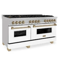 ZLINE Autograph Edition 60 In. 7.4 Cu. Ft. Legacy Dual Fuel Range With 9 Burner Gas Cooktop And 2 Electric Convection Ovens In Satin Stainless Steel With White Matte Doors And Champagne Bronze Accents (RASZ-WM-60-CB)(Zline Autograph Edition 60 Legacy Dual Fuel Range Satin Stainless Steel White Matte Champagne Bronze Rasz Wm 60 Cb) -Induction Cooktop Store zline autograph edition professional satin stainless steel white matte dual fuel range RASZ WM 60 CB main