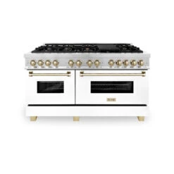ZLINE Autograph Edition 60 In. 7.4 Cu. Ft. Legacy Dual Fuel Range With 9 Burner Gas Cooktop And 2 Electric Convection Ovens In Satin Stainless Steel With White Matte Doors And Polished Gold Accents (RASZ-WM-60-G)(Zline Autograph Edition 60 Legacy Dual Fuel Range Satin Stainless Steel White Matte Gold Rasz Wm 60 G) -Induction Cooktop Store zline autograph edition professional satin stainless steel white matte dual fuel range RASZ WM 60 G front