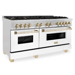 ZLINE Autograph Edition 60 In. 7.4 Cu. Ft. Legacy Dual Fuel Range With 9 Burner Gas Cooktop And 2 Electric Convection Ovens In Satin Stainless Steel With White Matte Doors And Polished Gold Accents (RASZ-WM-60-G)(Zline Autograph Edition 60 Legacy Dual Fuel Range Satin Stainless Steel White Matte Gold Rasz Wm 60 G)