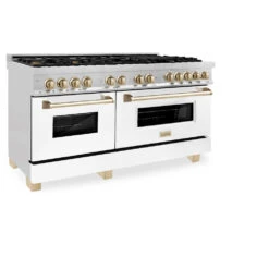 ZLINE Autograph Edition 60 In. 7.4 Cu. Ft. Legacy Dual Fuel Range With 9 Burner Gas Cooktop And 2 Electric Convection Ovens In Satin Stainless Steel With White Matte Doors And Polished Gold Accents (RASZ-WM-60-G)(Zline Autograph Edition 60 Legacy Dual Fuel Range Satin Stainless Steel White Matte Gold Rasz Wm 60 G) -Induction Cooktop Store zline autograph edition professional satin stainless steel white matte dual fuel range RASZ WM 60 G main