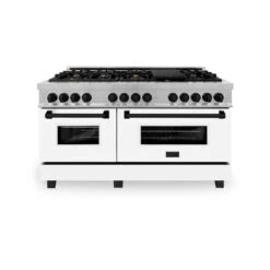 ZLINE Autograph Edition 60 In. 7.4 Cu. Ft. Legacy Dual Fuel Range With 9 Burner Gas Cooktop And 2 Electric Convection Ovens In Satin Stainless Steel With White Matte Doors And Matte Black Accents (RASZ-WM-60-MB)(Zline Autograph Edition 60 Legacy Dual Fuel Range Satin Stainless Steel White Matte Matte Black Rasz Wm 60 Mb) -Induction Cooktop Store zline autograph edition professional satin stainless steel white matte dual fuel range RASZ WM 60 MB front
