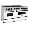 ZLINE Autograph Edition 60 In. 7.4 Cu. Ft. Legacy Dual Fuel Range With 9 Burner Gas Cooktop And 2 Electric Convection Ovens In Satin Stainless Steel With White Matte Doors And Matte Black Accents (RASZ-WM-60-MB)(Zline Autograph Edition 60 Legacy Dual Fuel Range Satin Stainless Steel White Matte Matte Black Rasz Wm 60 Mb)