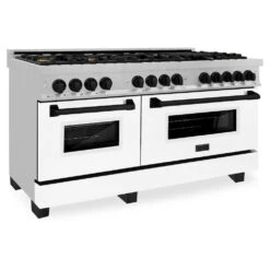 ZLINE Autograph Edition 60 In. 7.4 Cu. Ft. Legacy Dual Fuel Range With 9 Burner Gas Cooktop And 2 Electric Convection Ovens In Satin Stainless Steel With White Matte Doors And Matte Black Accents (RASZ-WM-60-MB)(Zline Autograph Edition 60 Legacy Dual Fuel Range Satin Stainless Steel White Matte Matte Black Rasz Wm 60 Mb)