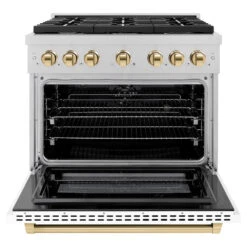 ZLINE Autograph Edition 36 In. 5.2 Cu. Ft. Paramount Dual Fuel Range With 6 Burner Gas Cooktop And Electric Convection Oven In Satin Stainless Steel With White Matte Door And Polished Gold Accents (SDRSZ-WM-36-G)(Zline Autograph Edition 36 Paramount Dual Fuel Range Satin Stainless Steel White Matte Polished Gold Sdrsz Wm 36 G) 15 ZLINE Autograph Edition 36 In. 5.2 Cu. Ft. Paramount Dual Fuel Range With 6 Burner Gas Cooktop And Electric Convection Oven In Satin Stainless Steel With White Matte Door And Polished Gold Accents (SDRSZ-WM-36-G)(Zline Autograph Edition 36 Paramount Dual Fuel Range Satin Stainless Steel White Matte Polished Gold Sdrsz Wm 36 G) -Induction Cooktop Store zline autograph edition professional satin stainless steel white matte gas range SDRSZ WM 36 G front open