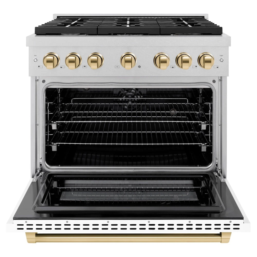 ZLINE Autograph Edition 36 In. 5.2 Cu. Ft. Paramount Dual Fuel Range With 6 Burner Gas Cooktop And Electric Convection Oven In Satin Stainless Steel With White Matte Door And Polished Gold Accents (SDRSZ-WM-36-G)(Zline Autograph Edition 36 Paramount Dual Fuel Range Satin Stainless Steel White Matte Polished Gold Sdrsz Wm 36 G) 3 ZLINE Autograph Edition 36 In. 5.2 Cu. Ft. Paramount Dual Fuel Range With 6 Burner Gas Cooktop And Electric Convection Oven In Satin Stainless Steel With White Matte Door And Polished Gold Accents (SDRSZ-WM-36-G)(Zline Autograph Edition 36 Paramount Dual Fuel Range Satin Stainless Steel White Matte Polished Gold Sdrsz Wm 36 G) - Image 3