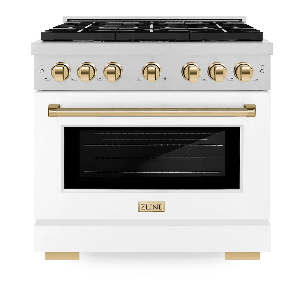 ZLINE Autograph Edition 36 In. 5.2 Cu. Ft. Paramount Dual Fuel Range With 6 Burner Gas Cooktop And Electric Convection Oven In Satin Stainless Steel With White Matte Door And Polished Gold Accents (SDRSZ-WM-36-G)(Zline Autograph Edition 36 Paramount Dual Fuel Range Satin Stainless Steel White Matte Polished Gold Sdrsz Wm 36 G) 4 ZLINE Autograph Edition 36 In. 5.2 Cu. Ft. Paramount Dual Fuel Range With 6 Burner Gas Cooktop And Electric Convection Oven In Satin Stainless Steel With White Matte Door And Polished Gold Accents (SDRSZ-WM-36-G)(Zline Autograph Edition 36 Paramount Dual Fuel Range Satin Stainless Steel White Matte Polished Gold Sdrsz Wm 36 G) - Image 4