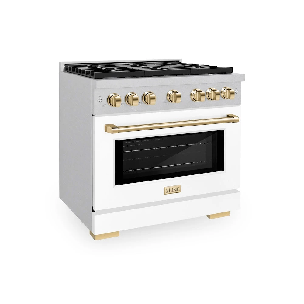 ZLINE Autograph Edition 36 In. 5.2 Cu. Ft. Paramount Dual Fuel Range With 6 Burner Gas Cooktop And Electric Convection Oven In Satin Stainless Steel With White Matte Door And Polished Gold Accents (SDRSZ-WM-36-G)(Zline Autograph Edition 36 Paramount Dual Fuel Range Satin Stainless Steel White Matte Polished Gold Sdrsz Wm 36 G) 1 ZLINE Autograph Edition 36 In. 5.2 Cu. Ft. Paramount Dual Fuel Range With 6 Burner Gas Cooktop And Electric Convection Oven In Satin Stainless Steel With White Matte Door And Polished Gold Accents (SDRSZ-WM-36-G)(Zline Autograph Edition 36 Paramount Dual Fuel Range Satin Stainless Steel White Matte Polished Gold Sdrsz Wm 36 G)