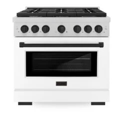 ZLINE Autograph Edition 36 In. 5.2 Cu. Ft. Paramount Dual Fuel Range With 6 Burner Gas Cooktop And Electric Convection Oven In Satin Stainless Steel With White Matte Door And Matte Black Accents (SDRSZ-WM-36-MB)(Zline Autograph Edition 36 Paramount Dual Fuel Range Satin Stainless Steel White Matte Matte Black Sdrsz Wm 36 Mb) -Induction Cooktop Store zline autograph edition professional satin stainless steel white matte gas range SDRSZ WM 36 MB front