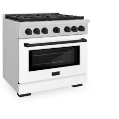 ZLINE Autograph Edition 36 In. 5.2 Cu. Ft. Paramount Dual Fuel Range With 6 Burner Gas Cooktop And Electric Convection Oven In Satin Stainless Steel With White Matte Door And Matte Black Accents (SDRSZ-WM-36-MB)(Zline Autograph Edition 36 Paramount Dual Fuel Range Satin Stainless Steel White Matte Matte Black Sdrsz Wm 36 Mb) -Induction Cooktop Store zline autograph edition professional satin stainless steel white matte gas range SDRSZ WM 36 MB main