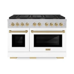ZLINE Autograph Edition 48 In. 6.7 Cu. Ft. Paramount Double Oven Dual Fuel Range With 8 Burner Gas Cooktop In Satin Stainless Steel With White Matte Doors And Champagne Bronze Accents (SDRSZ-WM-48-CB)(Zline Autograph Edition 48 Paramount Dual Fuel Range Satin Stainless Steel White Matte Champagne Bronze Sdrsz Wm 48 Cb) 16 ZLINE Autograph Edition 48 In. 6.7 Cu. Ft. Paramount Double Oven Dual Fuel Range With 8 Burner Gas Cooktop In Satin Stainless Steel With White Matte Doors And Champagne Bronze Accents (SDRSZ-WM-48-CB)(Zline Autograph Edition 48 Paramount Dual Fuel Range Satin Stainless Steel White Matte Champagne Bronze Sdrsz Wm 48 Cb) -Induction Cooktop Store zline autograph edition professional satin stainless steel white matte gas range SDRSZ WM 48 CB front hero