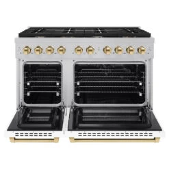 ZLINE Autograph Edition 48 In. 6.7 Cu. Ft. Paramount Double Oven Dual Fuel Range With 8 Burner Gas Cooktop In Satin Stainless Steel With White Matte Doors And Polished Gold Accents (SDRSZ-WM-48-G)(Zline Autograph Edition 48 Paramount Dual Fuel Range Satin Stainless Steel White Matte Polished Gold Sdrsz Wm 48 G) -Induction Cooktop Store zline autograph edition professional satin stainless steel white matte gas range SDRSZ WM 48 G front open