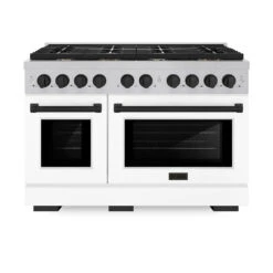 ZLINE Autograph Edition 48 In. 6.7 Cu. Ft. Paramount Double Oven Dual Fuel Range With 8 Burner Gas Cooktop In Satin Stainless Steel With White Matte Doors And Matte Black Accents (SDRSZ-WM-48-MB)(Zline Autograph Edition 48 Paramount Dual Fuel Range Satin Stainless Steel White Matte Matte Black Sdrsz Wm 48 Mb)